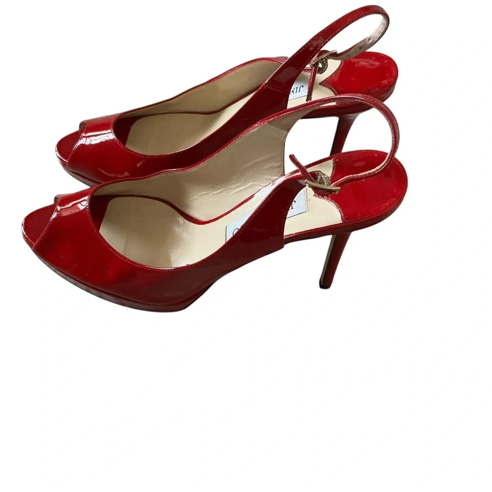 Jimmy Choo nova red patent leather Clue peep toe slingback platform shoes 40